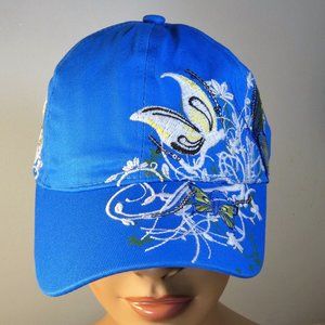 REDUCED!Beautiful bright blue cap embroidered butterflies flowers-bit of sparkle